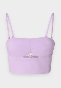 Lavender cropped top with adjustable straps, featuring a cut-out detail at the center and smooth synthetic fabric. Gold-tone hardware accents.