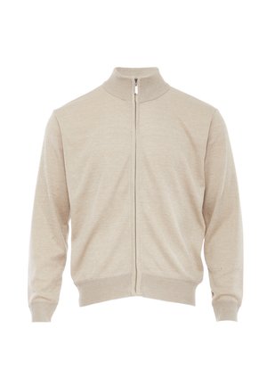 Pull beige à manches longues avec fermeture éclair, col, poignets et bas côtelés, présenté sur fond blanc.