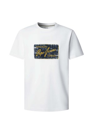 Valge puuvillane t-särk, millel on sinise ja kollase tooniga ristkülikukujuline teksastiilis logoplaat "Pepe Jeans London" tekstiga. Lühikesed varrukad, ümmargune kaelus.