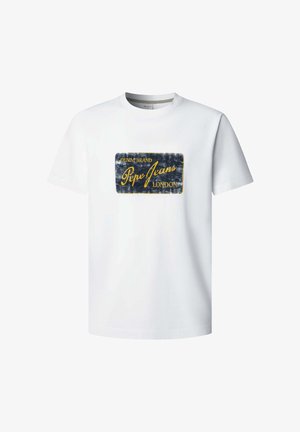 Valge puuvillane t-särk, millel on sinise ja kollase tooniga ristkülikukujuline teksastiilis logoplaat "Pepe Jeans London" tekstiga. Lühikesed varrukad, ümmargune kaelus.