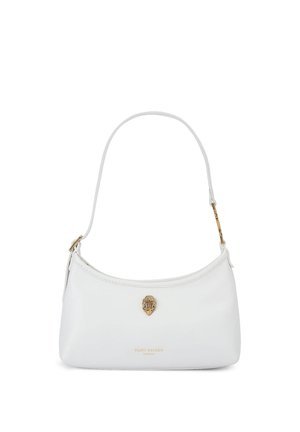 Witte leren schoudertas met gouden vogelkopembleem en "KURT GEIGER LONDON" logo in gouden letters aan de voorkant.