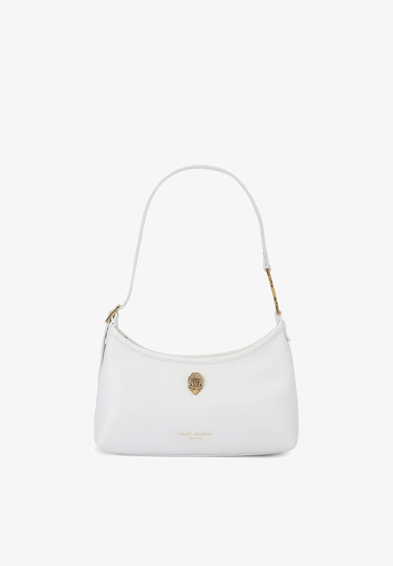 Sac à épaule en cuir blanc avec emblème tête d'oiseau en or et logo "KURT GEIGER LONDON" en lettres dorées sur le devant.