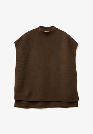Maglione senza maniche lavorato a maglia di colore marrone con colletto alto, caratterizzato da una texture a coste e un ulteriore strato sottostante per un maggior lunghezza. Design semplice e pulito.