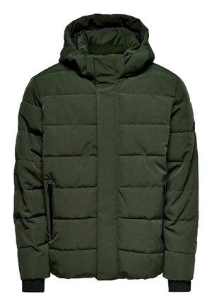Dunkelgrüne gepolsterte Jacke mit hohem Kragen, Reißverschluss-Seitentaschen und glatter Textur, die ein minimalistisch gestaltetes Design ohne sichtbare Muster aufweist.