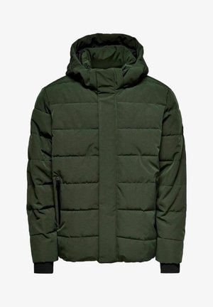 Mørkegrønn polstret jakke med høy krage, glidelåslommer på sidene og en jevn tekstur, med et minimalistisk design uten synlige mønstre.