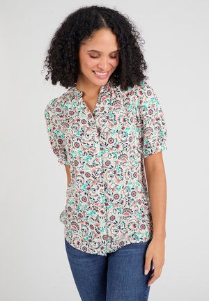 Blusa floreale in tessuto leggero con apertura frontale a bottoni, maniche corte a palloncino e una palette di colori pastello con motivi intricati.