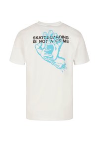 Hvit bomulls T-skjorte med et blått grafisk motiv av en hånd og teksten "SKATEBOARDING IS NOT A CRIME" på baksiden, kort erm, rund hals.