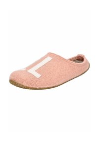 Pantofole in feltro rosa con apertura sul retro, caratterizzate da una lettera "L" bianca sulla parte superiore, superficie testurizzata e suola in gomma per una buona aderenza.