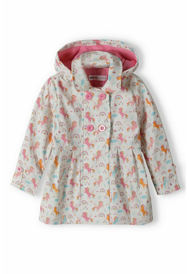 Water-resistant children's raincoat in white with a unicorn and rainbow pattern. Features pink buttons and a pink lining in the hood.