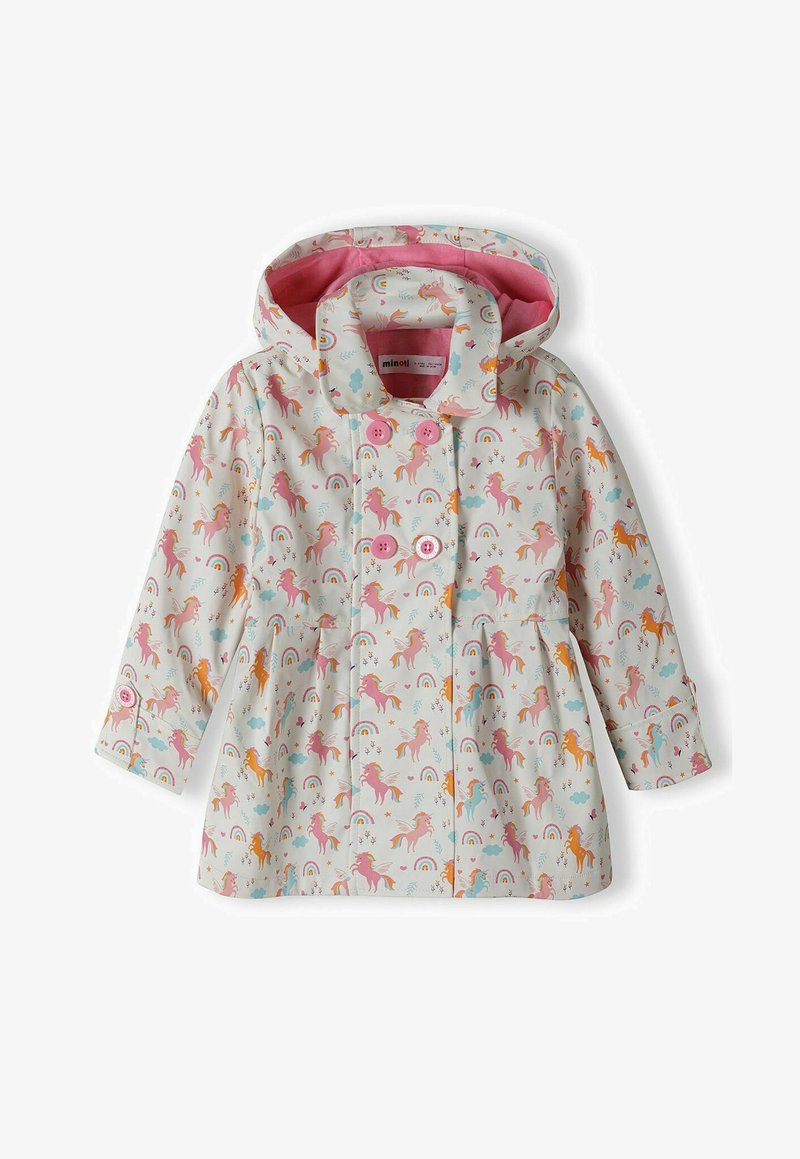 Water-resistant children's raincoat in white with a unicorn and rainbow pattern. Features pink buttons and a pink lining in the hood.
