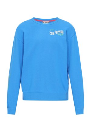 Sweatshirt albastru din bumbac, cu guler rotund, mâneci lungi și cifre imprimate pe față. Manșetele și tivul cu textură ribbed adaugă un plus de stil.