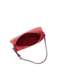 Red leather shoulder bag with a smooth texture, zip closure, and a detachable strap. Interior is lined in matching red fabric.