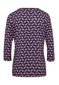 Marineblaues Langarmoberteil mit einem floralen Muster in Pink und Weiß. Verfügt über einen runden Halsausschnitt und eine lockere Passform. Weicher, leichter Stoff.