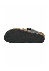 Suola in gomma nera con un motivo di presa testurizzato, plantare in sughero marrone e una fascia leopardata con un accento nero su un design di sandaletti.