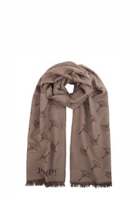 Écharpe marron en matériau doux, présentant un motif répété de dessins abstraits marron foncé, avec des franges à une extrémité et un logo de marque.