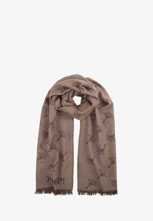 Écharpe marron en matériau doux, présentant un motif répété de dessins abstraits marron foncé, avec des franges à une extrémité et un logo de marque.