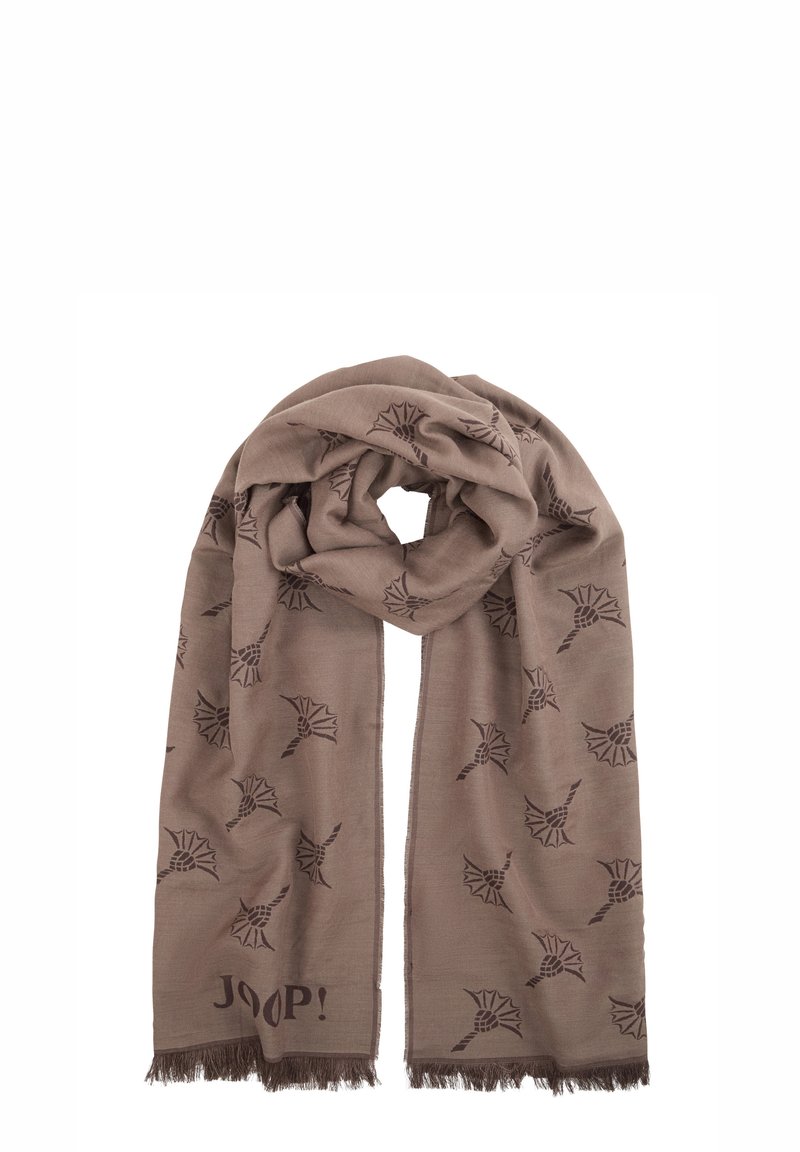 Écharpe marron en matériau doux, présentant un motif répété de dessins abstraits marron foncé, avec des franges à une extrémité et un logo de marque.