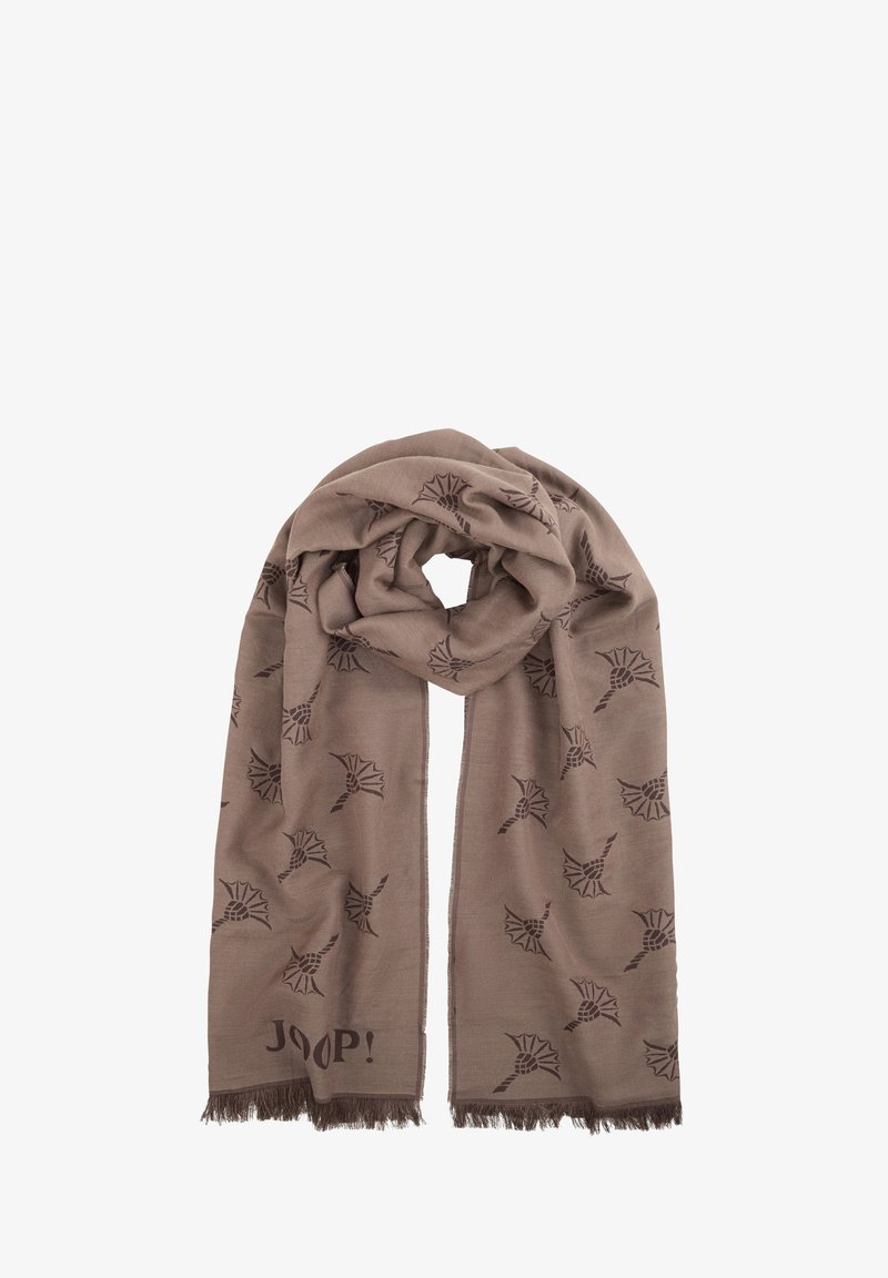 Écharpe marron en matériau doux, présentant un motif répété de dessins abstraits marron foncé, avec des franges à une extrémité et un logo de marque.