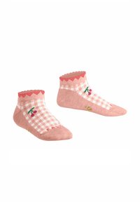 Light pink ankle socks with a scalloped edge, featuring a checked pattern and cherry embroidery, made from soft, stretchy fabric.