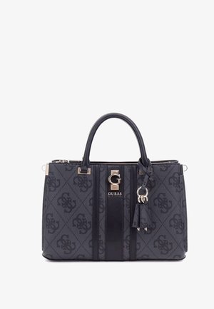 Borsa a tracolla nera con motivo e logo, dotata di due manici superiori, una cinghia removibile e accenti in metallo dorato. Tessuto testurizzato con design elegante.
