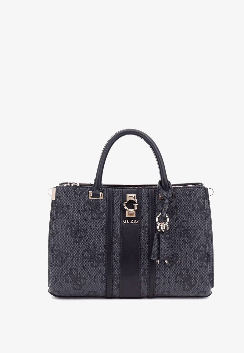 Bolso de mano negro con estampado y logotipo, que cuenta con dos asas superiores, una correa desmontable y acentos en dorado. Tejido texturizado con un diseño elegante.