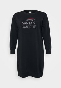 Melnas kokvilnas džemperkleitas ar garām piedurknēm, ar apaļu kakla izgriezumu un uzrakstu "SANTA'S FAVORITE" izrotātu ar rhinestone akmeņiem, papildināta ar sarkanu cepures grafiku.
