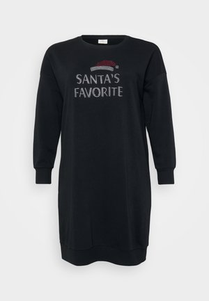 Rochie din bumbac negru, cu mâneci lungi, cu guler tip crew neck și text "SANTA'S FAVORITE" realizat din strasuri, accentuată de un grafic cu o pălărie roșie.