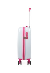Maleta rígida en blanco con acentos rosas. Cuenta con un mango retráctil, cerradura de combinación y cuatro ruedas giratorias para una fácil movilidad.