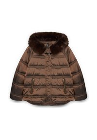 Hnědá péřová bunda s kožešinovým límcem, s prošívaným designem, zipovými kapsami a boxy siluetou. Vyrobena ze zářivého syntetického materiálu.