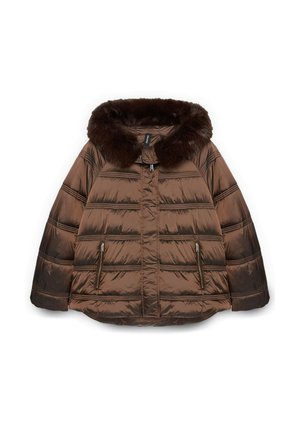Giacca a vento marrone con colletto in pelliccia, caratterizzata da un design trapuntato, tasche con zip e una silhouette squadrata. Realizzata in materiale sintetico lucido.