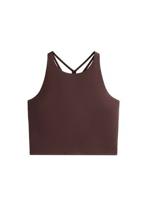 Smeđi sportski crop top s visokim izrezom, dizajnom racerback i tankim ukrštenim naramenicama. Glatka, rastezljiva tkanina s prilagođenim siluetom.