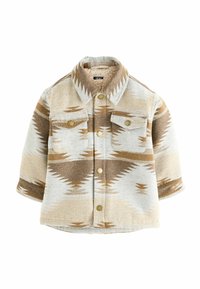 Bureau-jack met bruine en beige geometrische patronen, twee borstzakken en een zachte fleece voering die zichtbaar is bij de kraag.