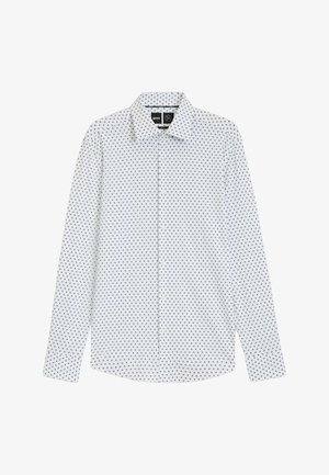 Hvid langærmet skjorte med et lille sort og grønt mønster overalt, knaplukning foran og klassisk kravedesign. Glat stofftekstur.