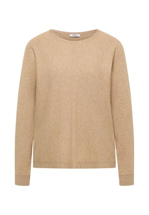 Pull beige à manches longues avec col rond, texture subtile et poignets côtelés, étiquette "Cecil" à l'intérieur du col.