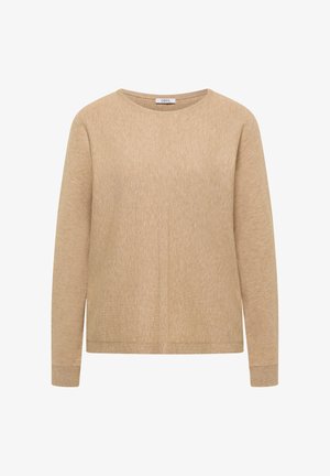 Beige pitkähihaisen pyöreäkauluksen neule, jossa on hienovarainen tekstuuri ja resorit hihansuissa, sisäkauluksessa "Cecil"-merkintä.