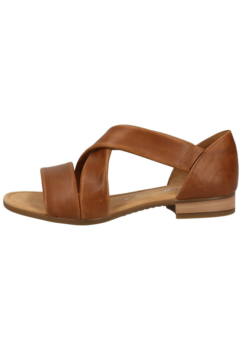 Sandale pour femme en cuir marron avec larges brides croisées, bout ouvert, talon fermé et petit talon empilé en bois.