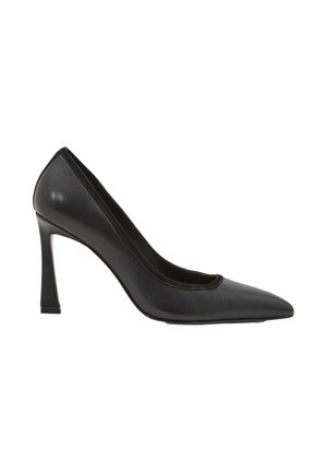 Schwarzer spitzer High Heel mit schlankem, hohem Absatz und glatter Lederstruktur vor weißem Hintergrund.