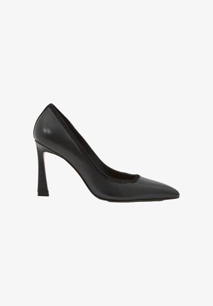 Schwarzer spitzer High Heel mit schlankem, hohem Absatz und glatter Lederstruktur vor weißem Hintergrund.
