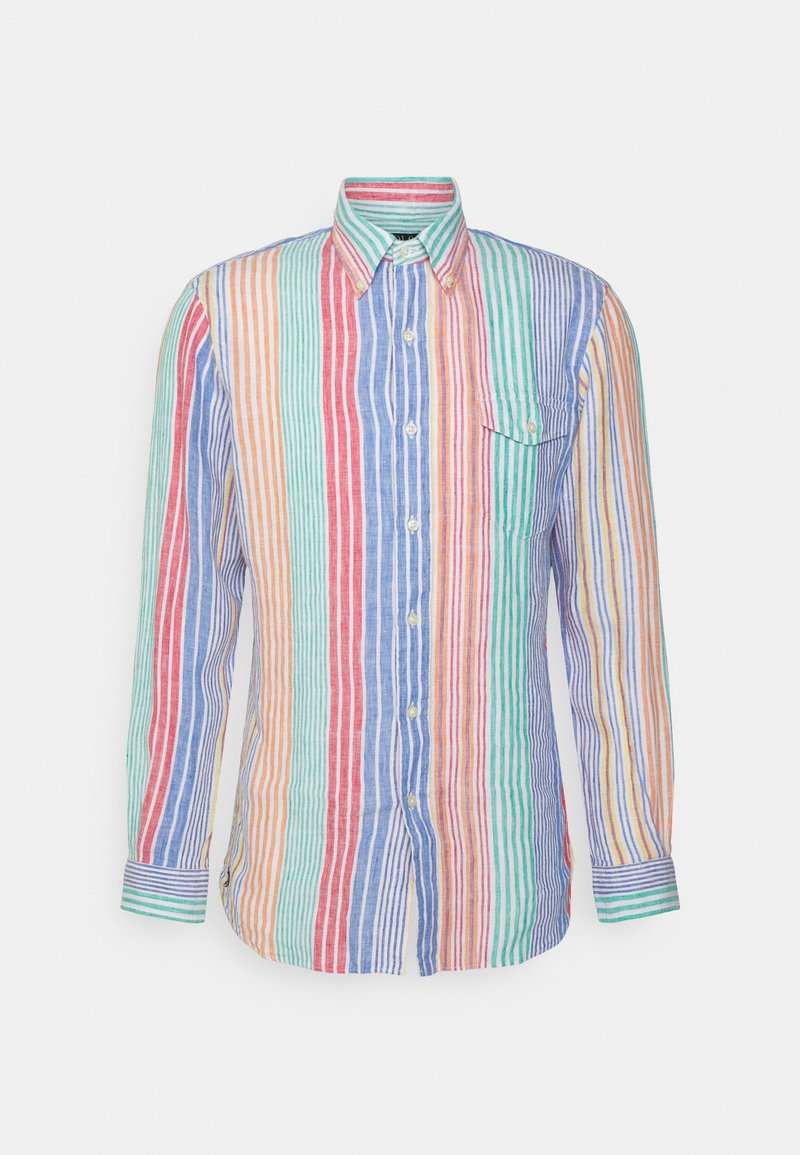 Chemise à manches longues boutonnée avec des rayures verticales bleu, rouge, vert, orange et jaune, dotée d'un col et d'une poche poitrine unique.