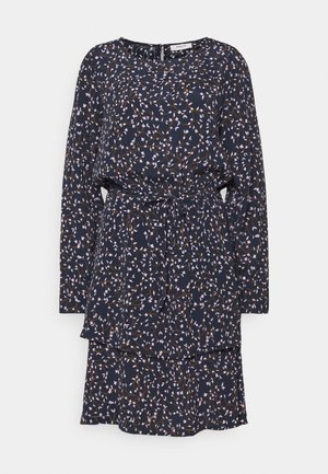 Marineblauwe jurk met lange mouwen en een kleine roze-witte bloemenprint, getailleerde taille met stoffen ceintuur, gelaagde zoom van de rok.