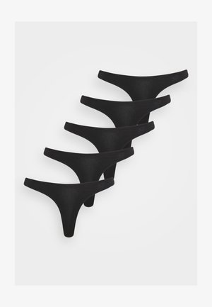 Czarny zestaw stringów, składający się z pięciu elementów. Wykonany z miękkiego, elastycznego materiału o gładkiej fakturze i minimalistycznym wzornictwie.