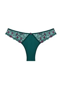 String turquoise avec des bretelles en dentelle florale présentant des roses roses. Tissu doux avec une texture lisse, conçu pour le confort et une silhouette ajustée.