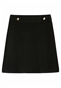 Jupe noire en A avec une texture lisse, dotée de deux boutons argentés à la taille pour le détail et d'un design simple et épuré.