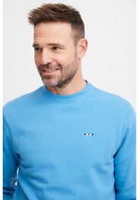 Sudadera azul de tejido suave con cuello redondo. Presenta un pequeño logo bordado con franjas rojas, blancas y azules. Textura suave.