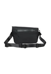 Borsa a tracolla nera realizzata in nylon morbido con una finitura liscia, dotata di tasca frontale con zip e tracolla regolabile per un trasporto versatile.
