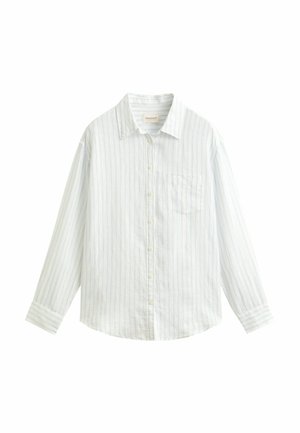 Langärmliges weißes Hemd mit hellblauen vertikalen Streifen, Brusttasche, Kragen und geknöpften Manschetten.