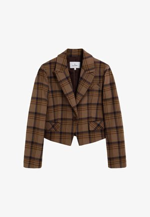 Braun karierter Blazer mit taillierter Passform, ausgestattet mit einem Ein-Knopf-Verschluss, Reverskragen und zwei vorderen Taschen. Hergestellt aus strukturiertem Stoff.