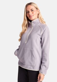 Light purple fleece pullover with a high collar, half zipper, and a front pouch pocket. Features contrast stitching and a soft texture.