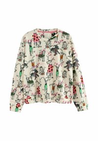 Sudadera de color crema claro con ilustraciones de renos juguetones vestidos con patrones coloridos. Elementos de texto en rosa que dicen "¡FELICES FIESTAS!"