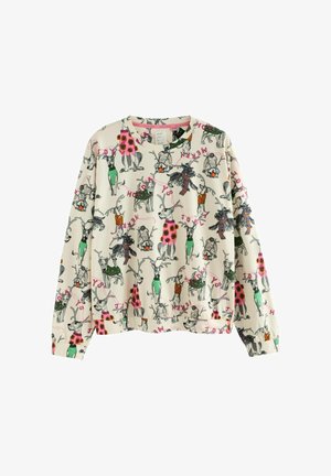 Svijetložuti dukserica s igračkim iluzijama sobova ukrašenih šarenim uzorcima. Tekst u ružičastoj boji glasi "SRETNI PRAZNICI."